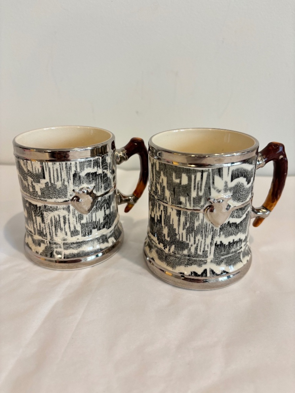 Vintage 1930's Arthur Wood 'silver shield' ceramic mugs SET OF TWO black silver